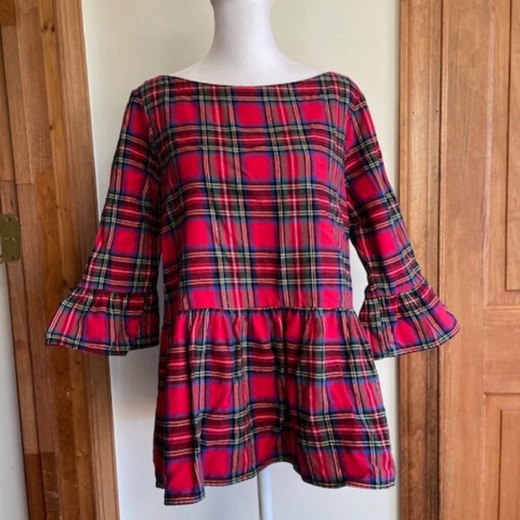 HALEY AND THE HOUND Red Plaid Flannel Peplum Ruffle Top with Gold Back Buttons M - Picture 1 of 15